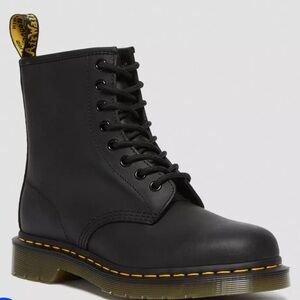 Dr. Martens Black Leather 8-Eye Lace-Up Boot with Yellow Stitching